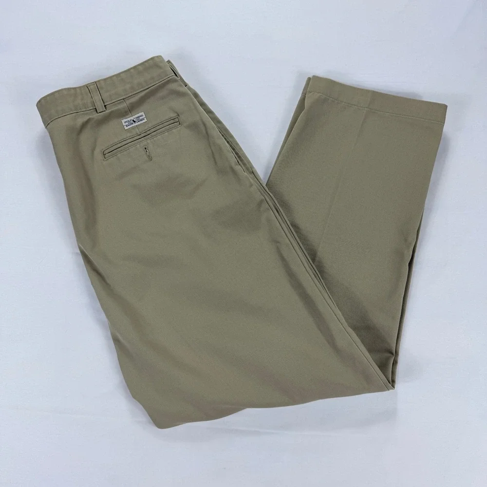 VTG Polo Ralph Lauren Pleated Chino Pants Tan Cotton Classic Fit‎ 38 x 30